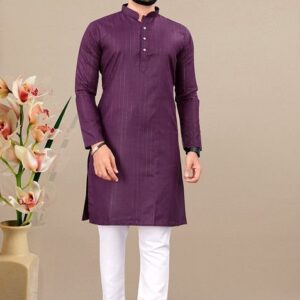 Wine Embroidered Cotton Blend Kurta Set For Men