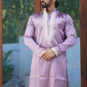 Lavender Coding Work Silk Kurta Set For Men