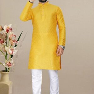 Yellow Embroidered Jacquard Kurta Set For Men
