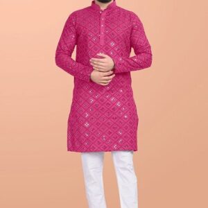 Pink Embroidered Cotton Blend Kurta Set For Men