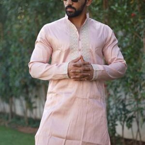 Baby Pink Coding Work Silk Kurta Set For Men