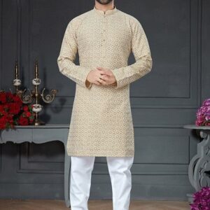 Golden Embroidered Cotton Art Silk Kurta Set For Men