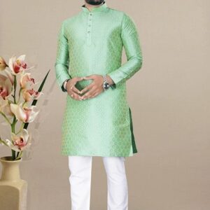 Pista Green Embroidered Jacquard Kurta Set For Men