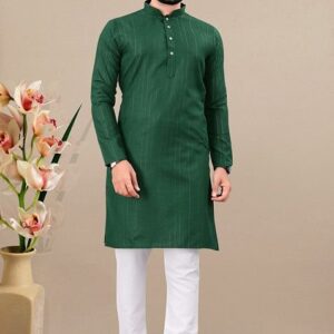 Green Embroidered Cotton Blend Kurta Set For Men