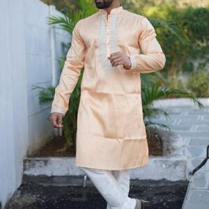 Orange Coding Work Silk Kurta Set For Men