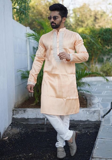 Orange Coding Work Silk Kurta Set For Men