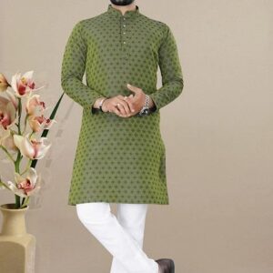 Green Embroidered Jacquard Kurta Set For Men
