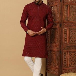 Maroon Embroidered Heavy Jacquard Silk Kurta Set For Men