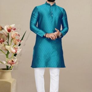 Rama Blue Embroidered Jacquard Kurta Set For Men