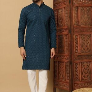 Blue Embroidered Heavy Jacquard Silk Kurta Set For Men