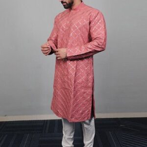 Onion Pink Sequin Embroidered Silk Kurta Set For Men