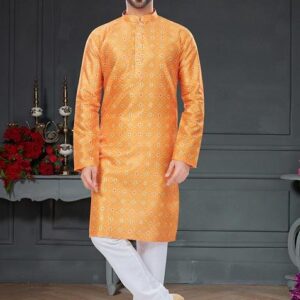 Mustard And Orange Printed Silk Kurta Set For Men
