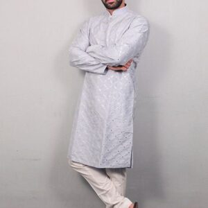 Sky Blue Sequin Embroidered Silk Kurta Set For Men