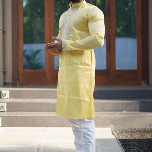 Yellow Coding Work Silk Kurta Set For Men