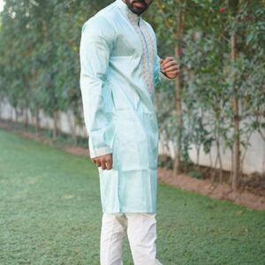 Sky Blue Coding Work Silk Kurta Set For Men