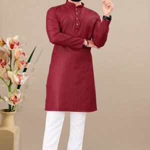 Maroon Embroidered Cotton Blend Kurta Set For Men