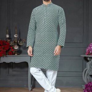Bottle Green Embroidered Cotton Art Silk Kurta Set For Men