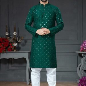 Bottle Green Embroidered Cotton Kurta Set For Men