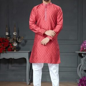 Dark Pink Embroidered Cotton Art Silk Kurta Set For Men