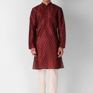 Maroon Abstract Print Art Silk Kurta Set For Men