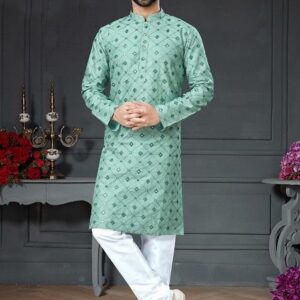 Pista Green Embroidered Cotton Art Silk Kurta Set For Men