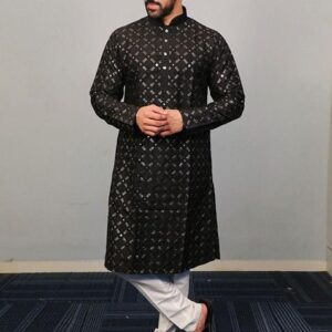 Black Sequin Embroidered Silk Kurta Set For Men