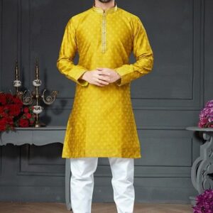 Bright Yellow Embroidered Cotton Art Silk Kurta Set For Men