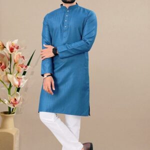 Rama Blue Embroidered Cotton Blend Kurta Set For Men