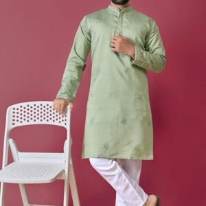 Light Green Hand Work Silk Kurta Set For Men