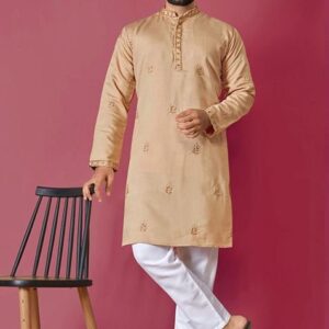 Beige Hand Work Silk Kurta Set For Men