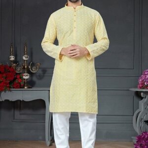 Yellow Embroidered Cotton Art Silk Kurta Set For Men