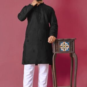 Black Hand Work Silk Kurta Set For Men