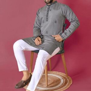 Dark Grey Hand Work Silk Kurta Set For Men