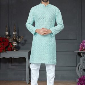 Sky Blue Embroidered Cotton Art Silk Kurta Set For Men