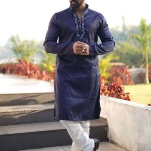 Navy Blue Embroidered Heavy Silk Kurta Set For Men
