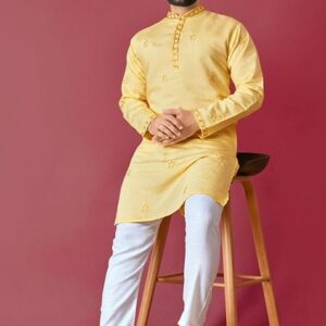 Yellow Hand Work Silk Kurta Set For Men