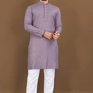 Light Wine Embroidered Rayon Kurta Set For Men