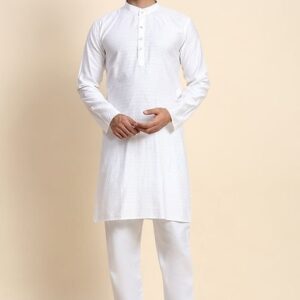 White Abstract Print Rayon Kurta Set For Men