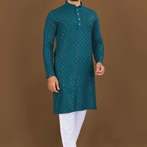 Royal Blue Embroidered Rayon Kurta Set For Men