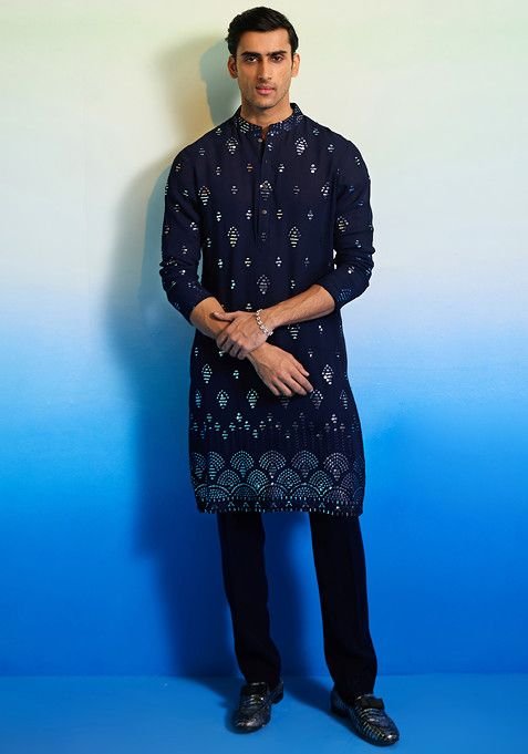 Canzo Blue Embellished Glory Kurta Set For Men