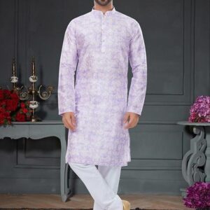 Light Lavender Printed Silk Kurta Set For Men