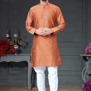 Rust Orange Embroidered Cotton Art Silk Kurta Set For Men