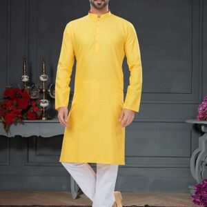 Yellow Embroidered Jacquard Kurta Set For Men