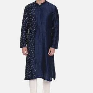 Dark Blue Embroidered Silk Kurta Set For Men