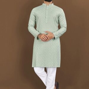 Pista Green Embroidered Rayon Kurta Set For Men