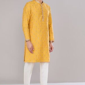 Mustard Embroidered Dupion Silk Kurta Set For Men