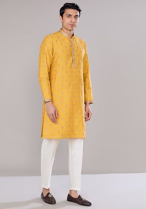 Mustard Embroidered Dupion Silk Kurta Set For Men