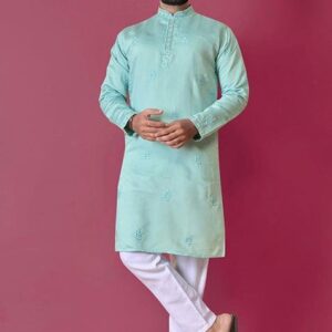 Sky Blue Hand Work Silk Kurta Set For Men