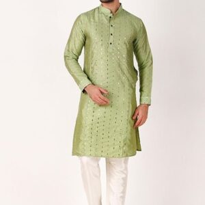 Green Mirror Work Art Silk Kurta Set For Men