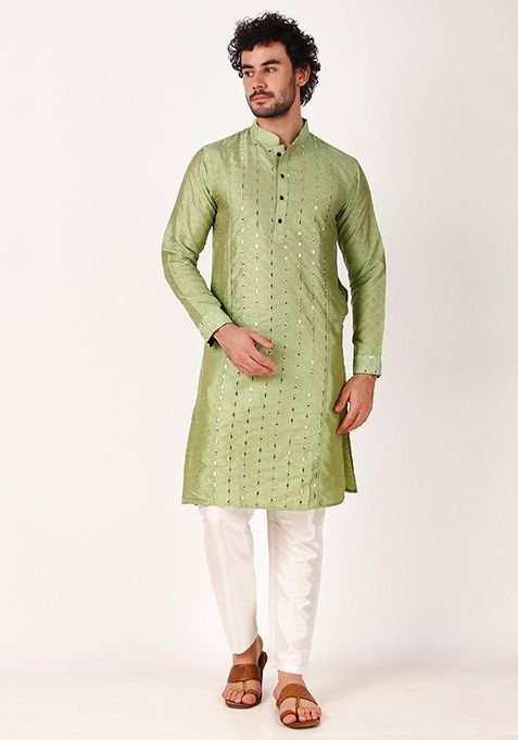 Green Mirror Work Art Silk Kurta Set For Men